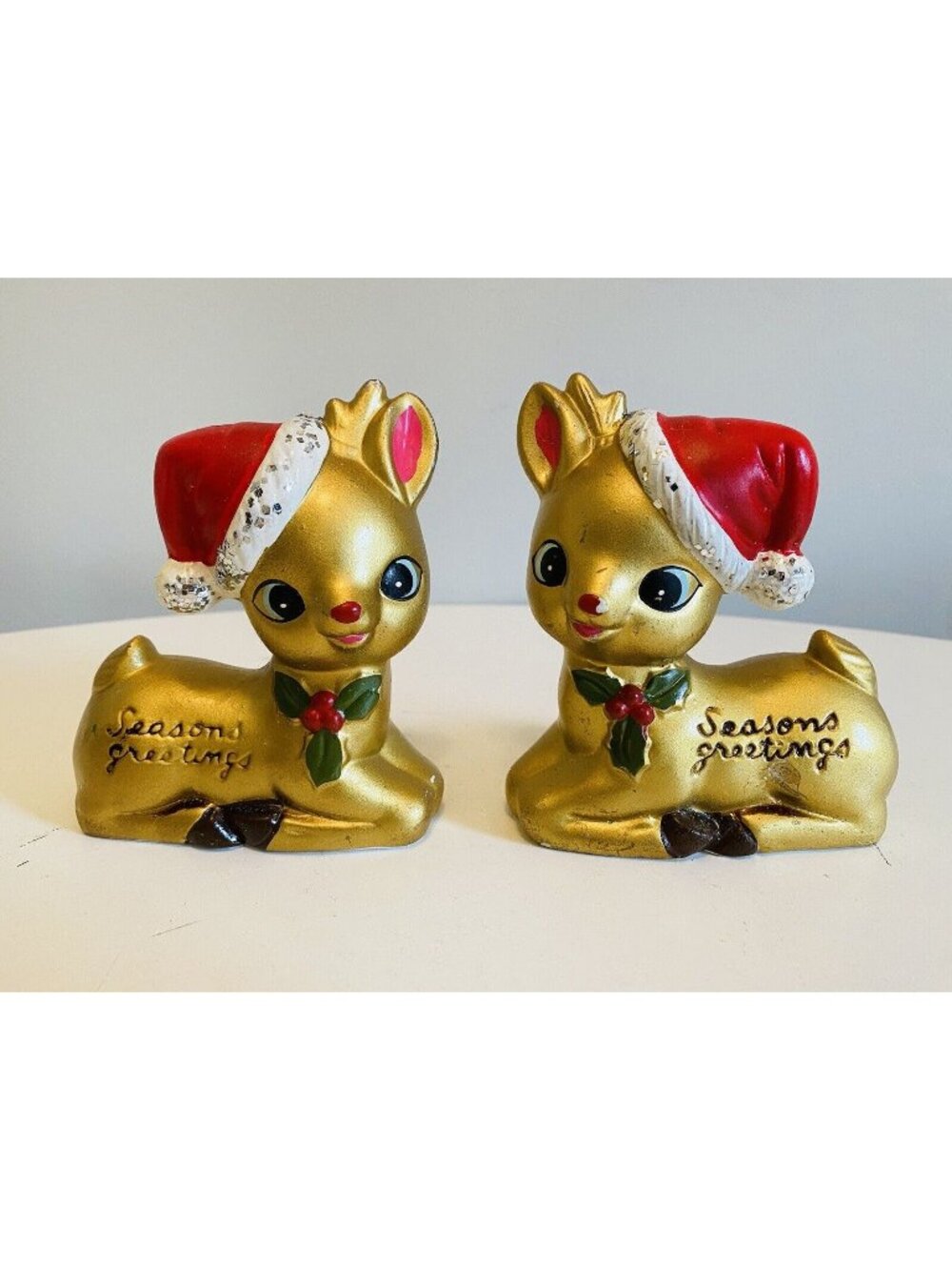 Vintage Pair of Christmas Reindeer Figurines, Seasons Greetings, Set of 2
